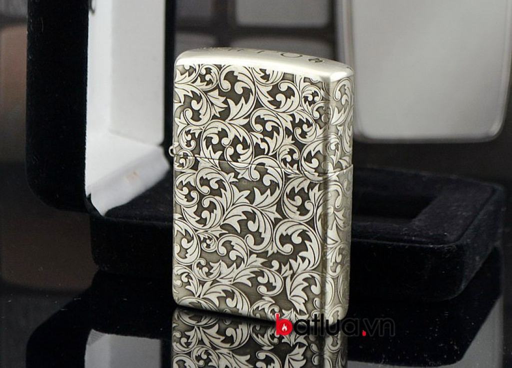 Bật lửa zippo chính hãng bạc nguyên khối  khắc hoa văn bạc nổi