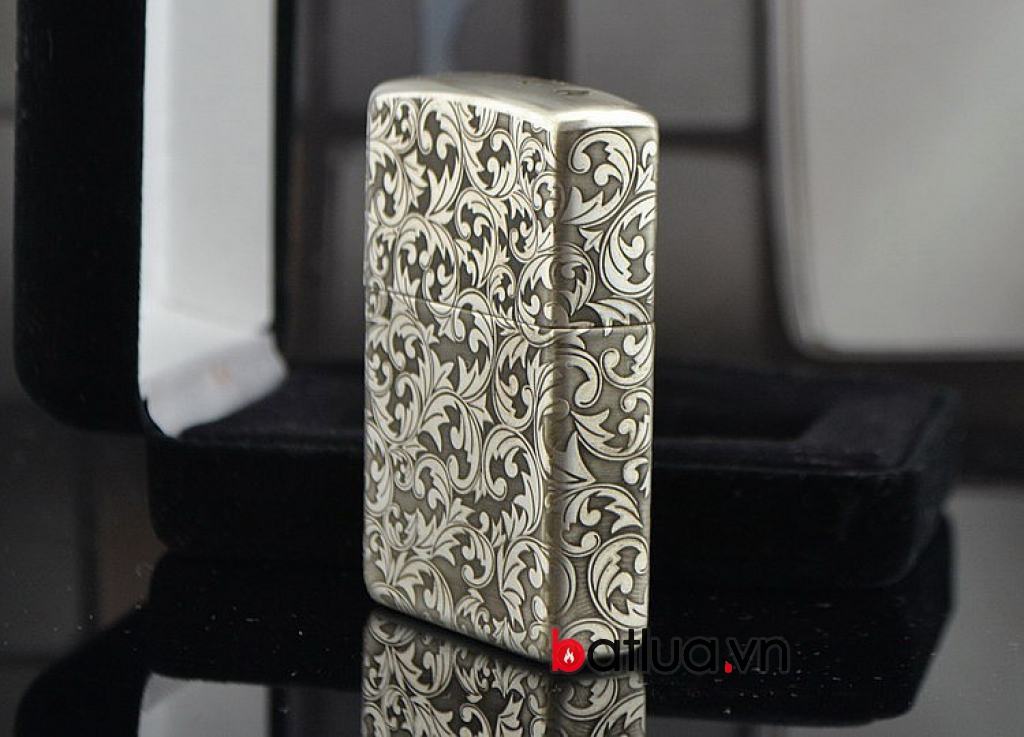 Bật lửa zippo chính hãng bạc nguyên khối  khắc hoa văn bạc nổi