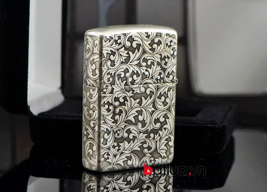 Bật lửa zippo chính hãng bạc nguyên khối  khắc hoa văn bạc nổi