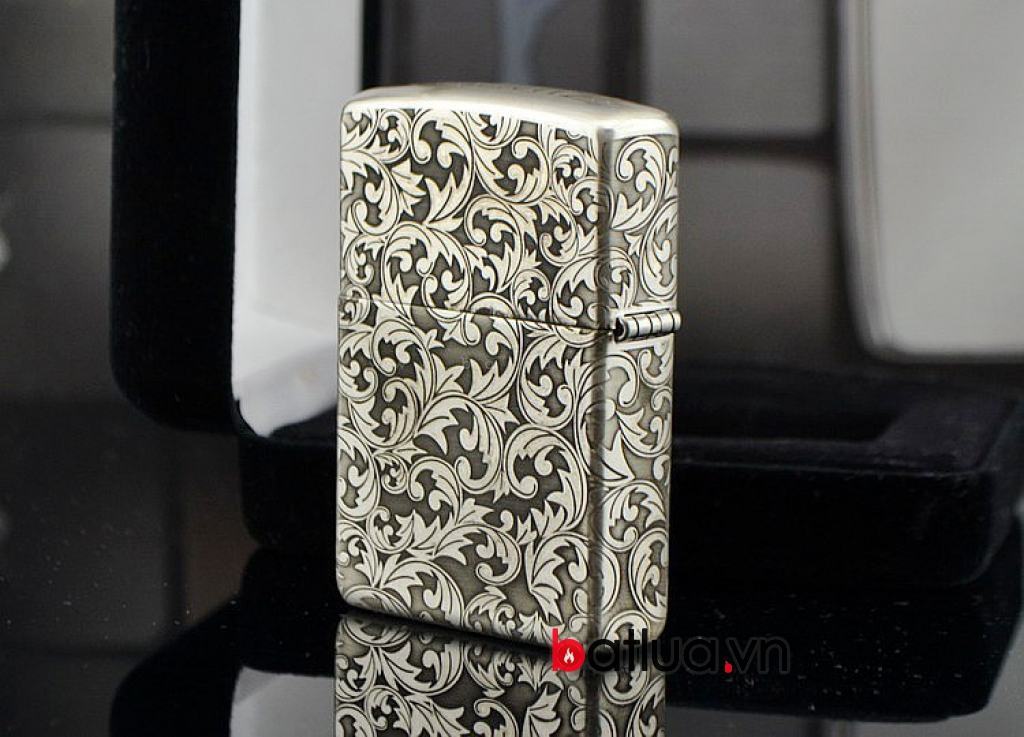 Bật lửa zippo chính hãng bạc nguyên khối  khắc hoa văn bạc nổi