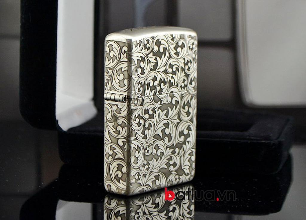 Bật lửa zippo chính hãng bạc nguyên khối  khắc hoa văn bạc nổi