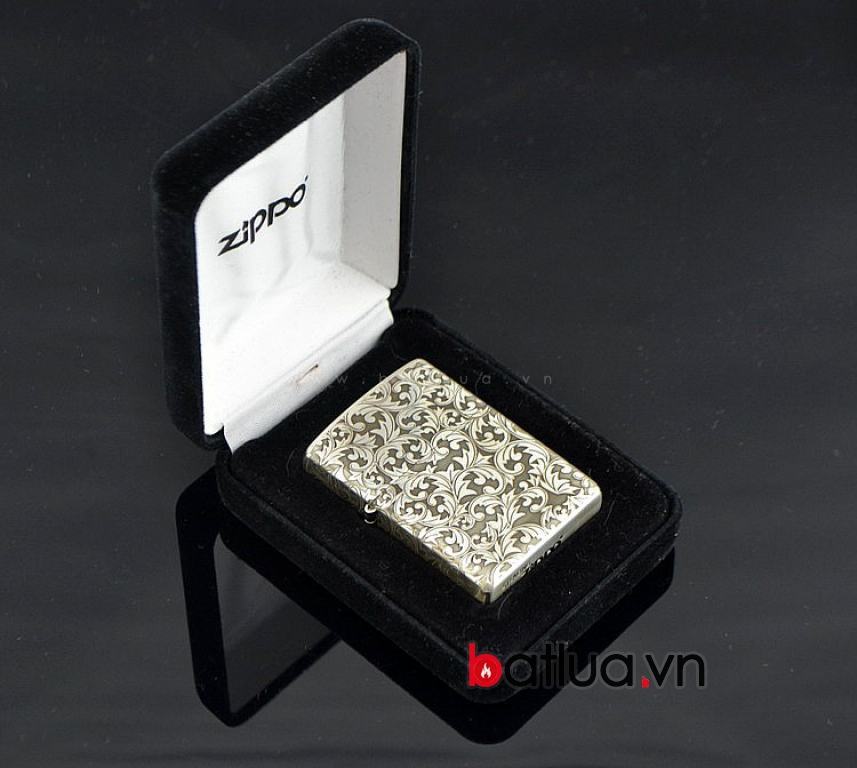 Bật lửa zippo chính hãng bạc nguyên khối  khắc hoa văn bạc nổi