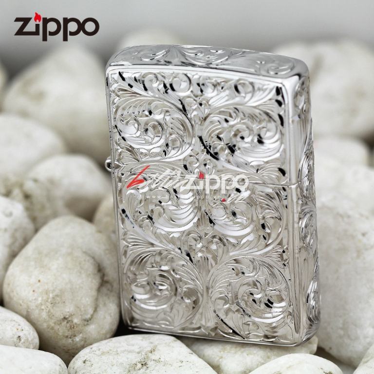 Bật lửa Zippo chính hãng nguyên khối bạch kim khắc hoa văn nổi