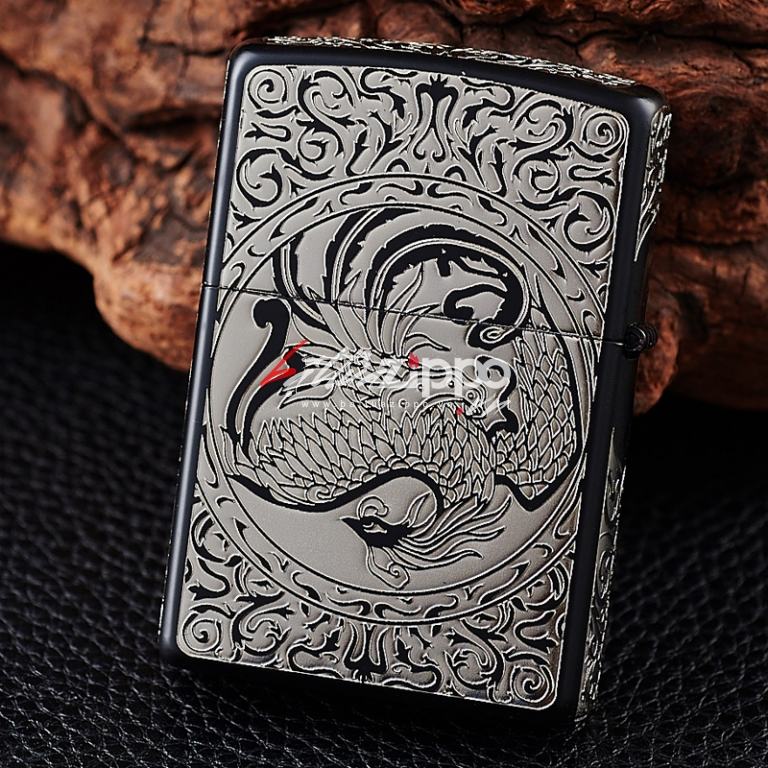 Bật lửa Zippo chính hãng  Bạc đen khắc hình Phượng Hoàng