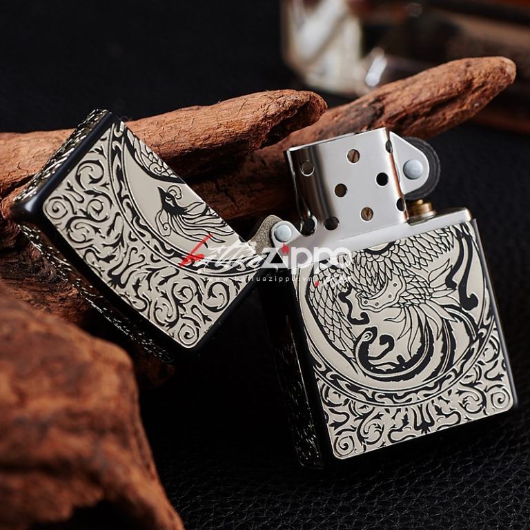 Bật lửa Zippo chính hãng  Bạc đen khắc hình Phượng Hoàng