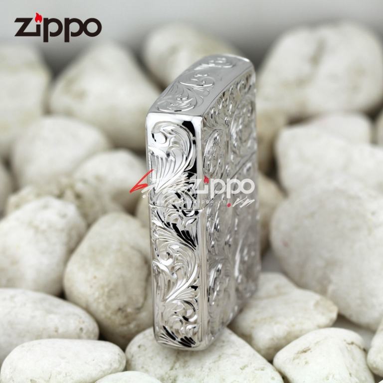 Bật lửa Zippo chính hãng nguyên khối bạch kim khắc hoa văn nổi