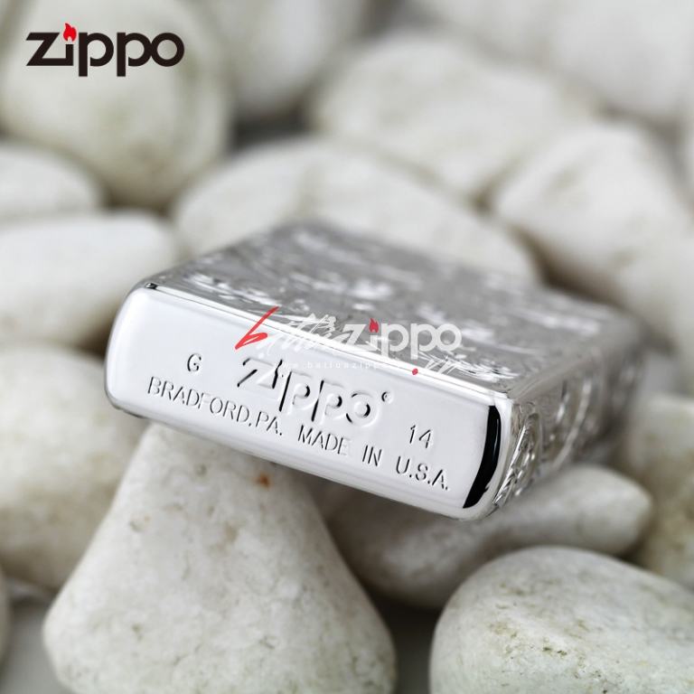 Bật lửa Zippo chính hãng nguyên khối bạch kim khắc hoa văn nổi