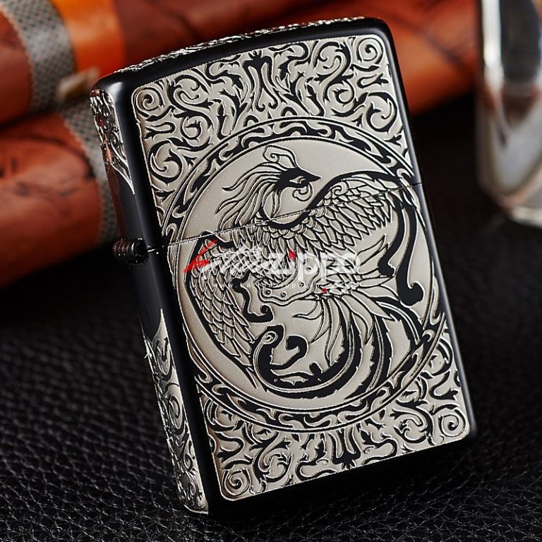 Bật lửa Zippo chính hãng  Bạc đen khắc hình Phượng Hoàng