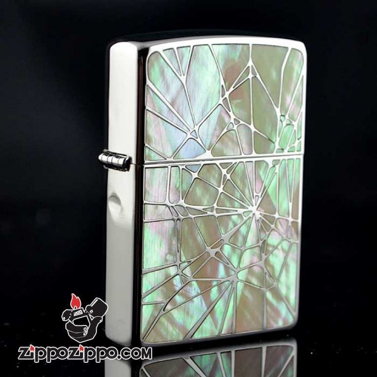 Bật lửa Zippo bạch kim xanh in hình tơ nhện bao