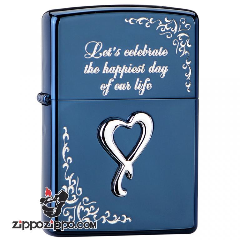 Bật lửa Zippo Xanh khắc nổi trái tim bạc