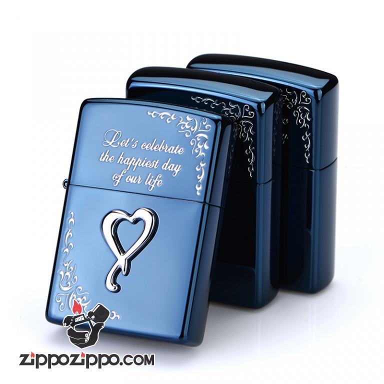 Bật lửa Zippo Xanh khắc nổi trái tim bạc