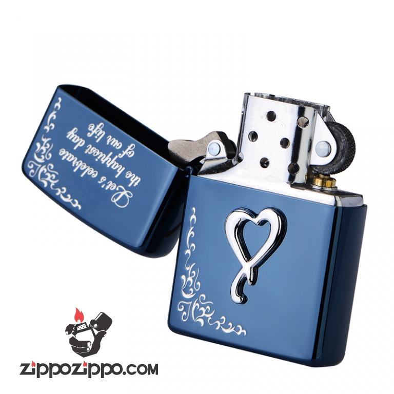 Bật lửa Zippo Xanh khắc nổi trái tim bạc