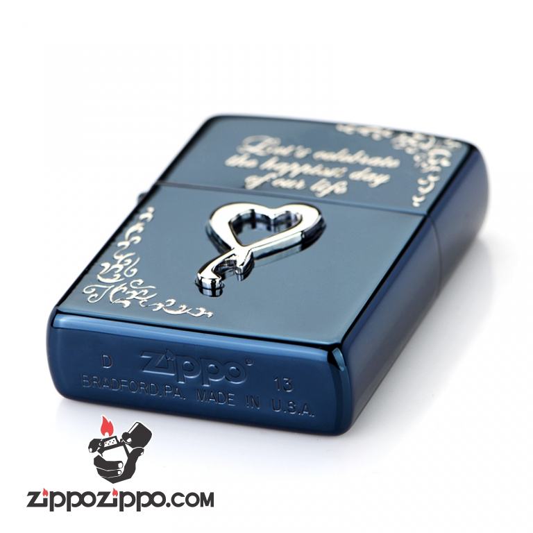 Bật lửa Zippo Xanh khắc nổi trái tim bạc