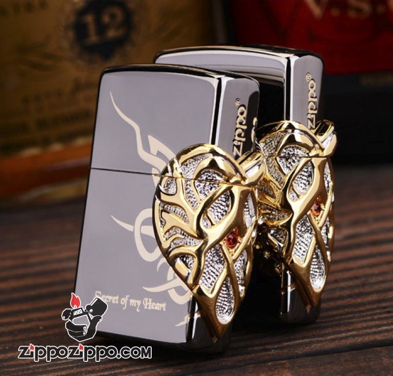 Bật lửa Zippo đen khắc viền trái tim