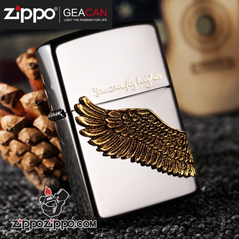 Baatn lửa Zippo mặt gương đen khắc hình cánh chim