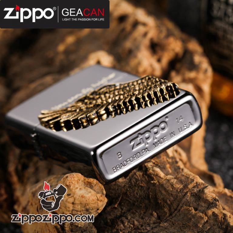 Baatn lửa Zippo mặt gương đen khắc hình cánh chim