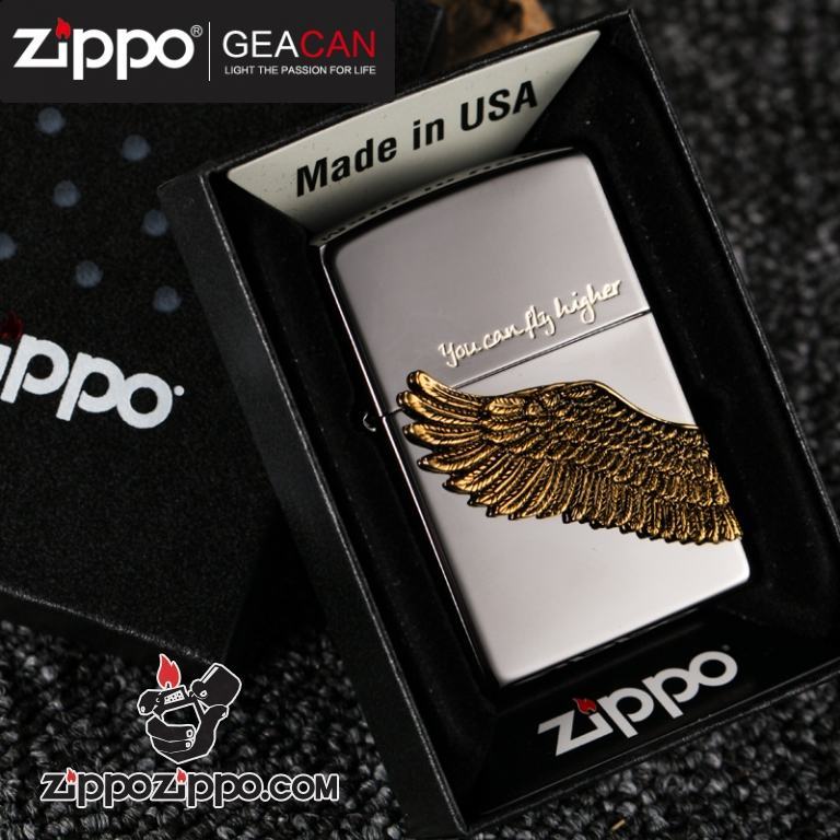 Baatn lửa Zippo mặt gương đen khắc hình cánh chim