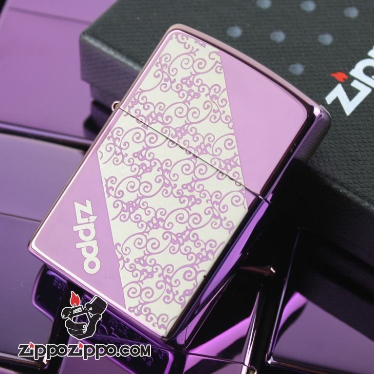 Bật lửa Zippo gương tím in hình hoa văn vát 2 đầu