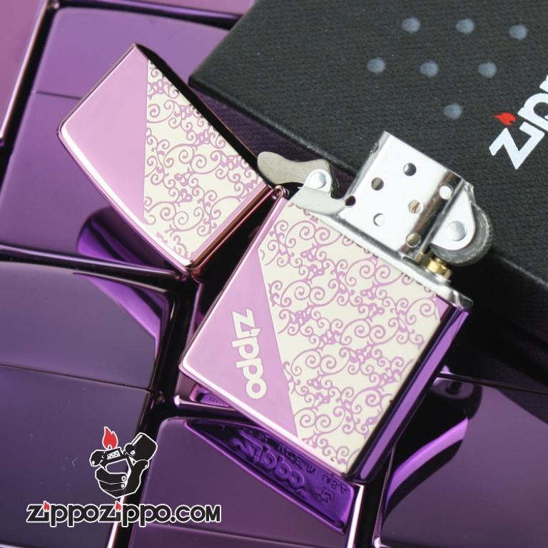 Bật lửa Zippo gương tím in hình hoa văn vát 2 đầu