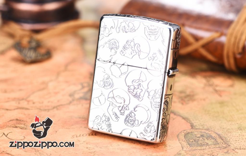 Bật lửa Zippo khắc xương sọ bao quanh