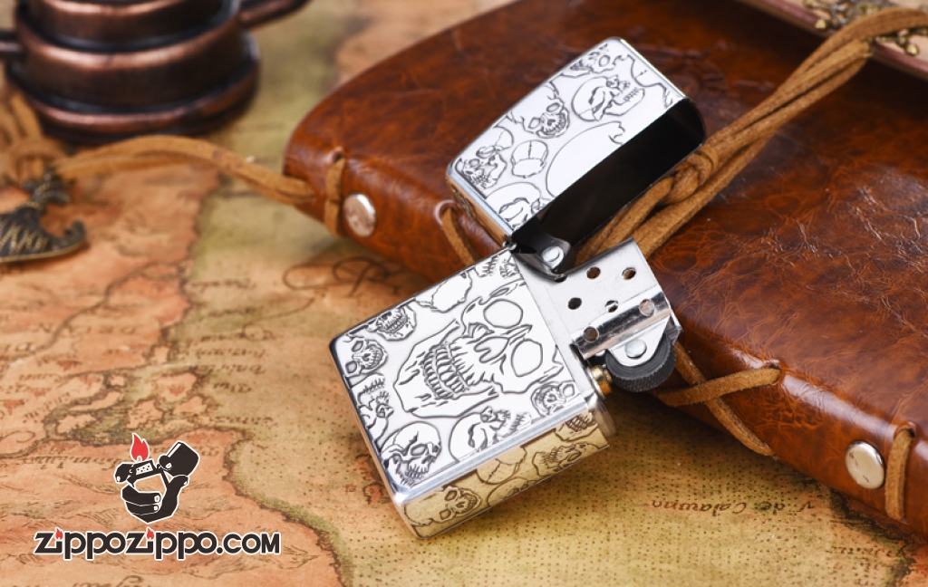 Bật lửa Zippo khắc xương sọ bao quanh