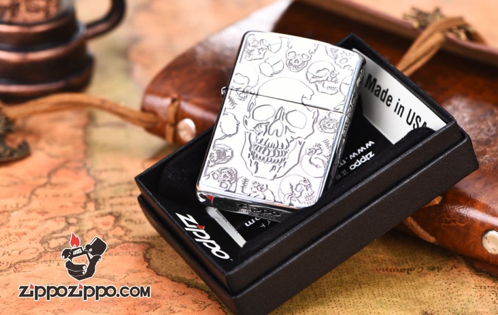 Bật lửa Zippo khắc xương sọ bao quanh