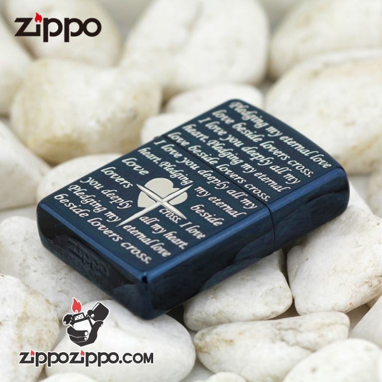 Bật lửa Zippo mặt xanh khắc nhẹ trái tim chữ thập