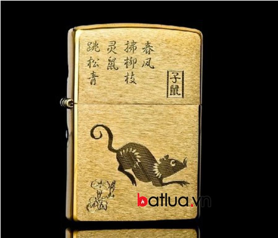 bật lửa zippo chính hãng khắc 12 con giáp chất liệu đồng tuổi tí ( con chuột )