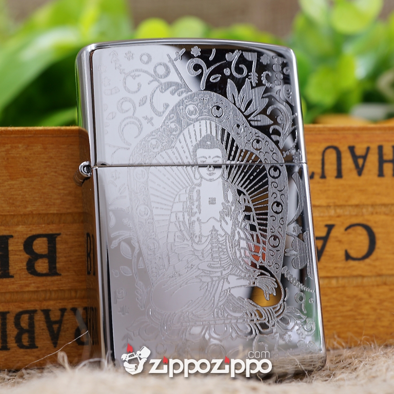 bật lửa zippo mầu bạc khắc phật