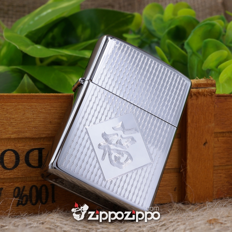 bật lửa zippo mầu bạc khắc chữ phúc