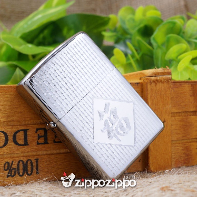 bật lửa zippo mầu bạc khắc chữ phúc