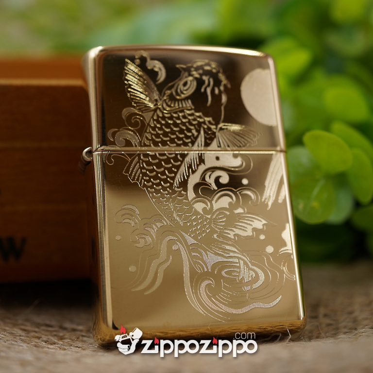 bật lửa zippo vỏ đồng khắc hoa văn cá chép hóa rồng