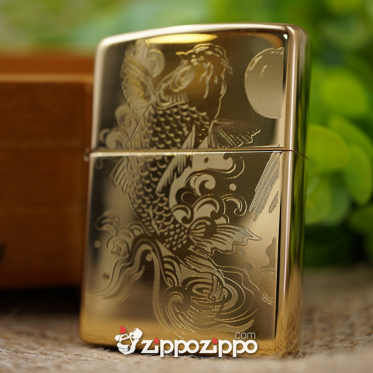 bật lửa zippo vỏ đồng khắc hoa văn cá chép hóa rồng