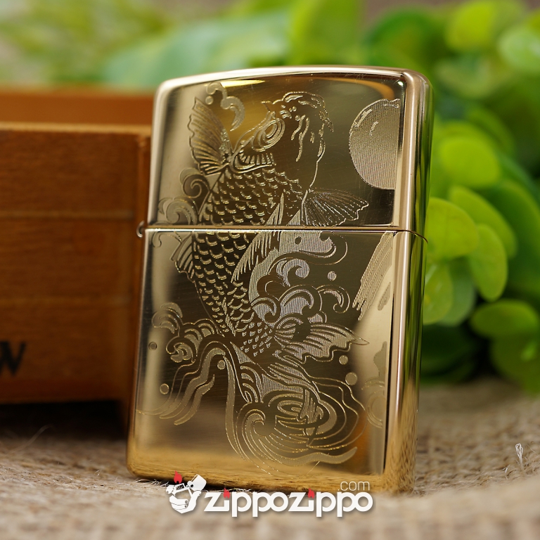 bật lửa zippo vỏ đồng khắc hoa văn cá chép hóa rồng