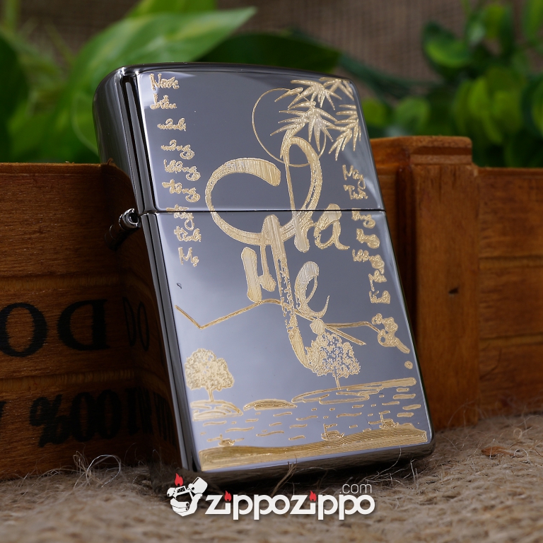 Zippo Đen Bóng Khắc Mạ Vàng Chữ Cha Mẹ