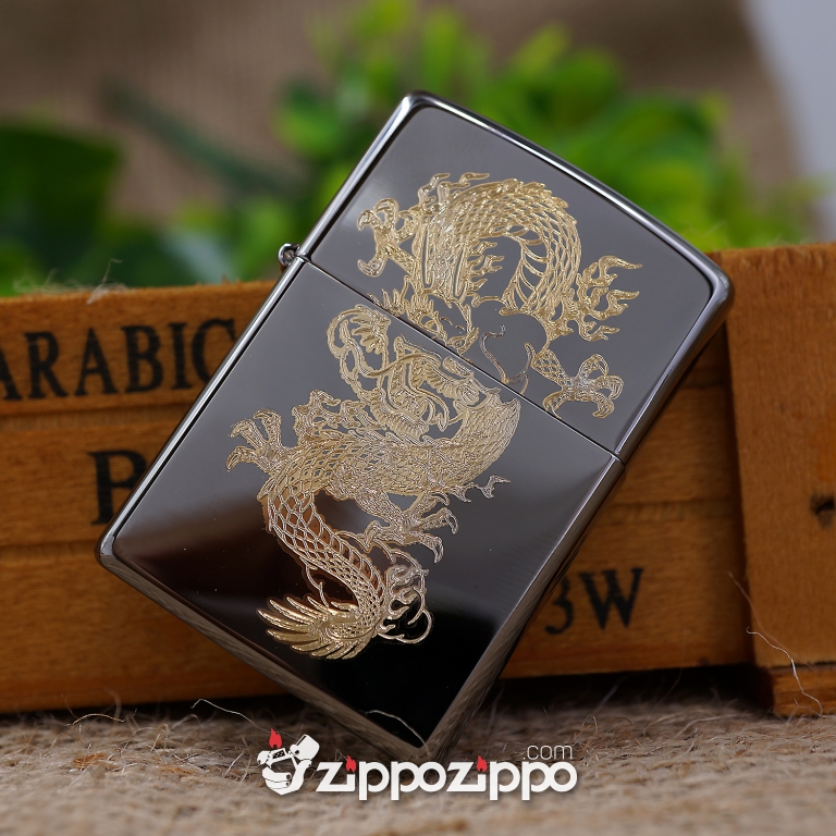 Zippo Màu Đen Bóng Chạm KHắc Hình Rồng Mạ Vàng