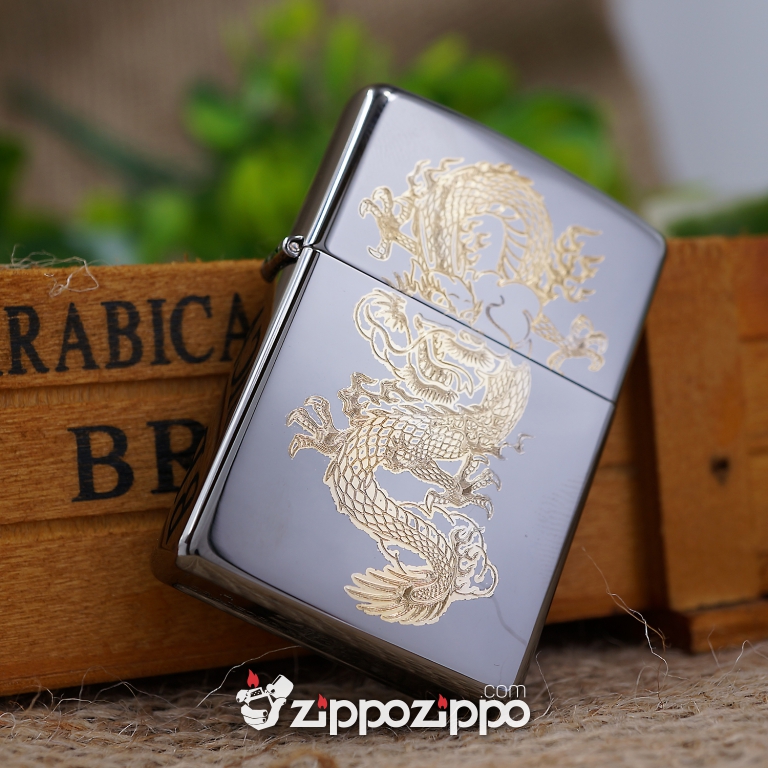 Zippo Màu Đen Bóng Chạm KHắc Hình Rồng Mạ Vàng