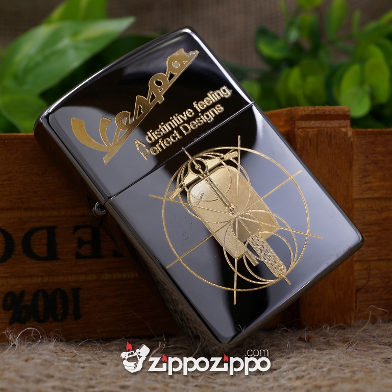 Zippo Màu Đen Bóng KHắc Xe VesPa Mạ Vàng