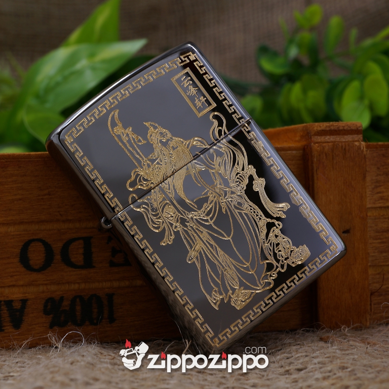 Zippo MÀu đen Bóng KHắc Quan Vân Trường Mạ VÀng