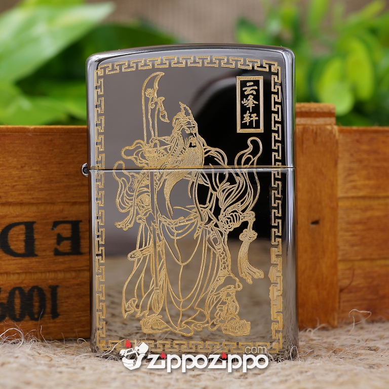 Zippo MÀu đen Bóng KHắc Quan Vân Trường Mạ VÀng