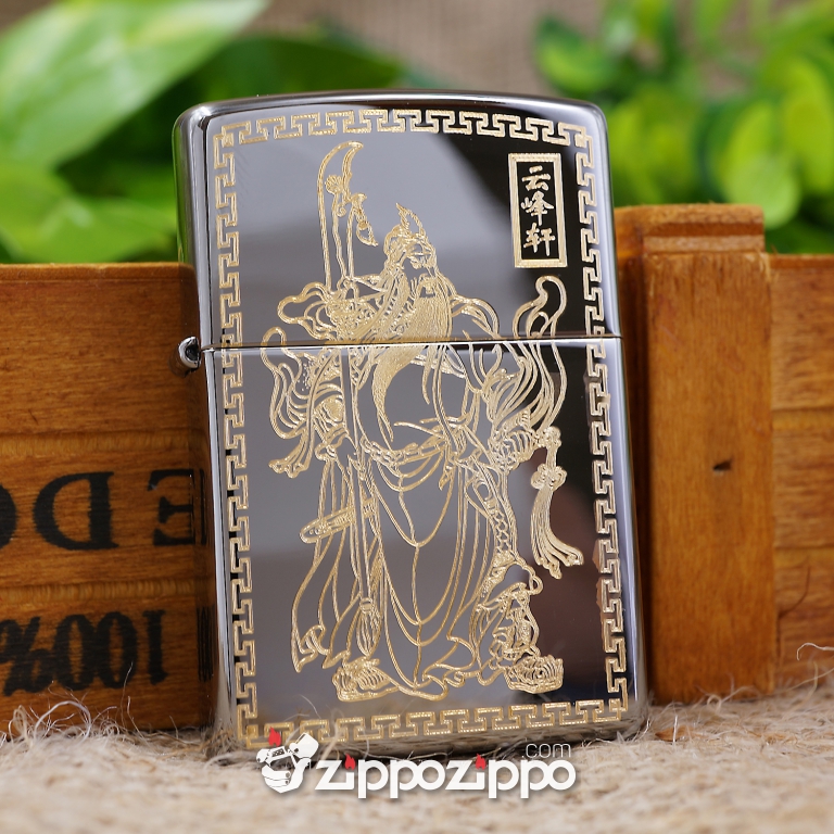 Zippo MÀu đen Bóng KHắc Quan Vân Trường Mạ VÀng