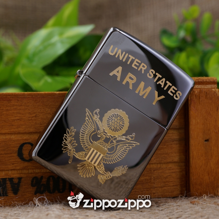 bật lửa zippo đen bóng khắc logo united states ARMY  mạ vàng