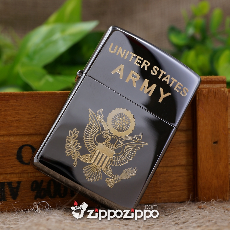 bật lửa zippo đen bóng khắc logo united states ARMY  mạ vàng