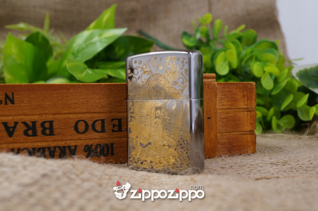 Zippo Màu Đen Bóng Khắc Phật Mạ Vàng