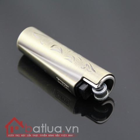 Bật lửa CLIPPER hình trụ đồng đánh đá khắc hoa cách điệu