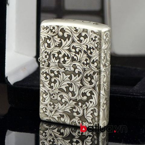 Bật lửa zippo chính hãng bạc nguyên khối  khắc hoa văn bạc nổi