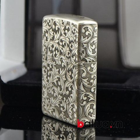 Bật lửa zippo chính hãng bạc nguyên khối  khắc hoa văn bạc nổi