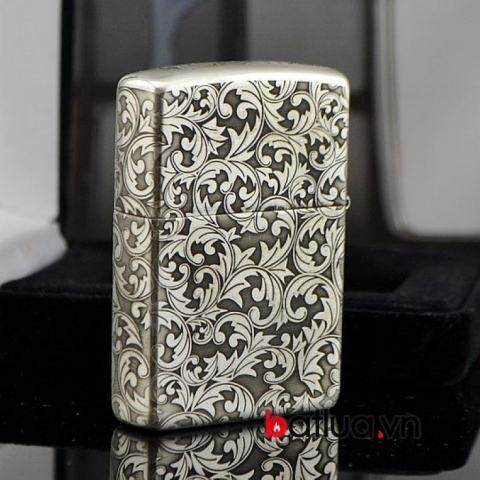 Bật lửa zippo chính hãng bạc nguyên khối  khắc hoa văn bạc nổi