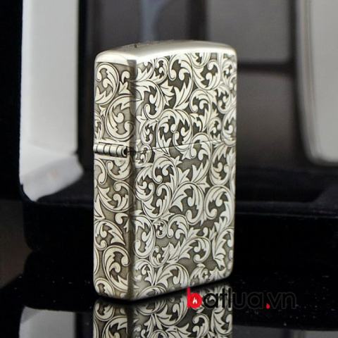 Bật lửa zippo chính hãng bạc nguyên khối  khắc hoa văn bạc nổi