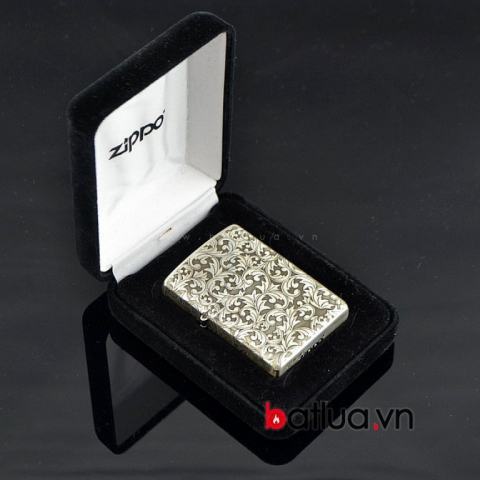 Bật lửa zippo chính hãng bạc nguyên khối  khắc hoa văn bạc nổi